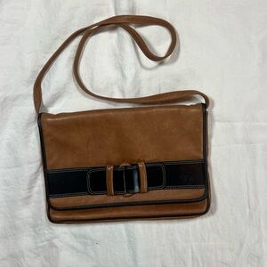 Vintage Charles Klein Leather Shoulder Bag Tan Black Belt Detail 90s Italy